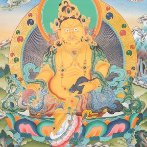 Zambala Thangka Painting | Handpainted Traditional Buddhist Paubha | Deity of Wealth & Abundance Wall Art
