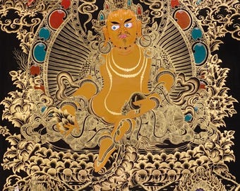 Yellow Zambala Thangka Painting | Gold Black Tibetan Wealth Deity Art