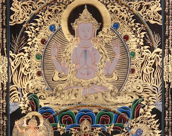 Chenrezig Thangka Painting | Gold on Black Tibetan Avalokiteshvara Art