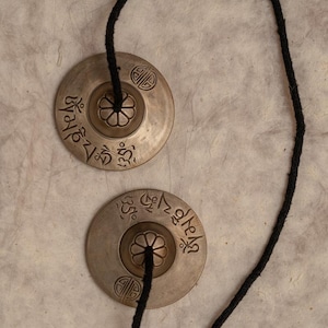 Moon Tingsha Bell with Om Mane Padme Hum Mantra Carved | Tingsha cymbals for meditation, sound healing and space cleansing