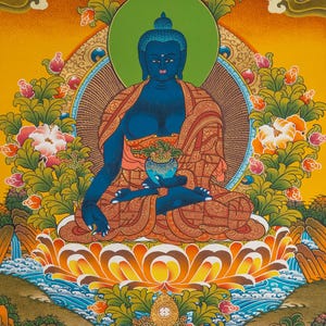 Hand-Painted Bhaisajyaguru Thangka Painting | Tibetan Buddhist Healing Deity Art | Spiritual Wall Decor for Health and Protection