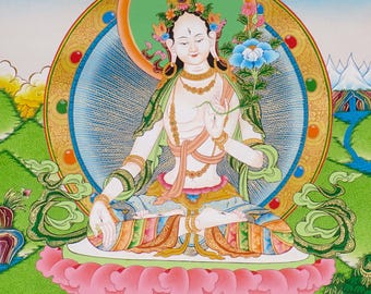 Tibetan White Tara Painting | Himalayan Sacred Art For Compassion, Longevity And Shrine Decor