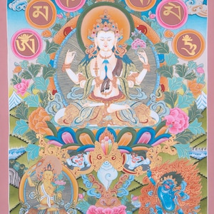 Chengresi Thangka Painting Hand painted Art on Cotton Canvas | Buddhism Thangka art for wall hanging and spiritual practice