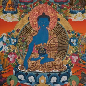 Handpainted Medicine Buddha Thangka | Authentic Tibetan Buddhist Artwork for Meditation | Spiritual Wall Hanging from Nepal