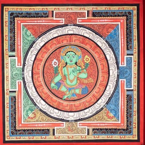 Christmas Sale - Spiritual Mandala Painting of Green Tara Thangka Art | Traditional Art from Nepal - Buddhist art - Newari style thangka art
