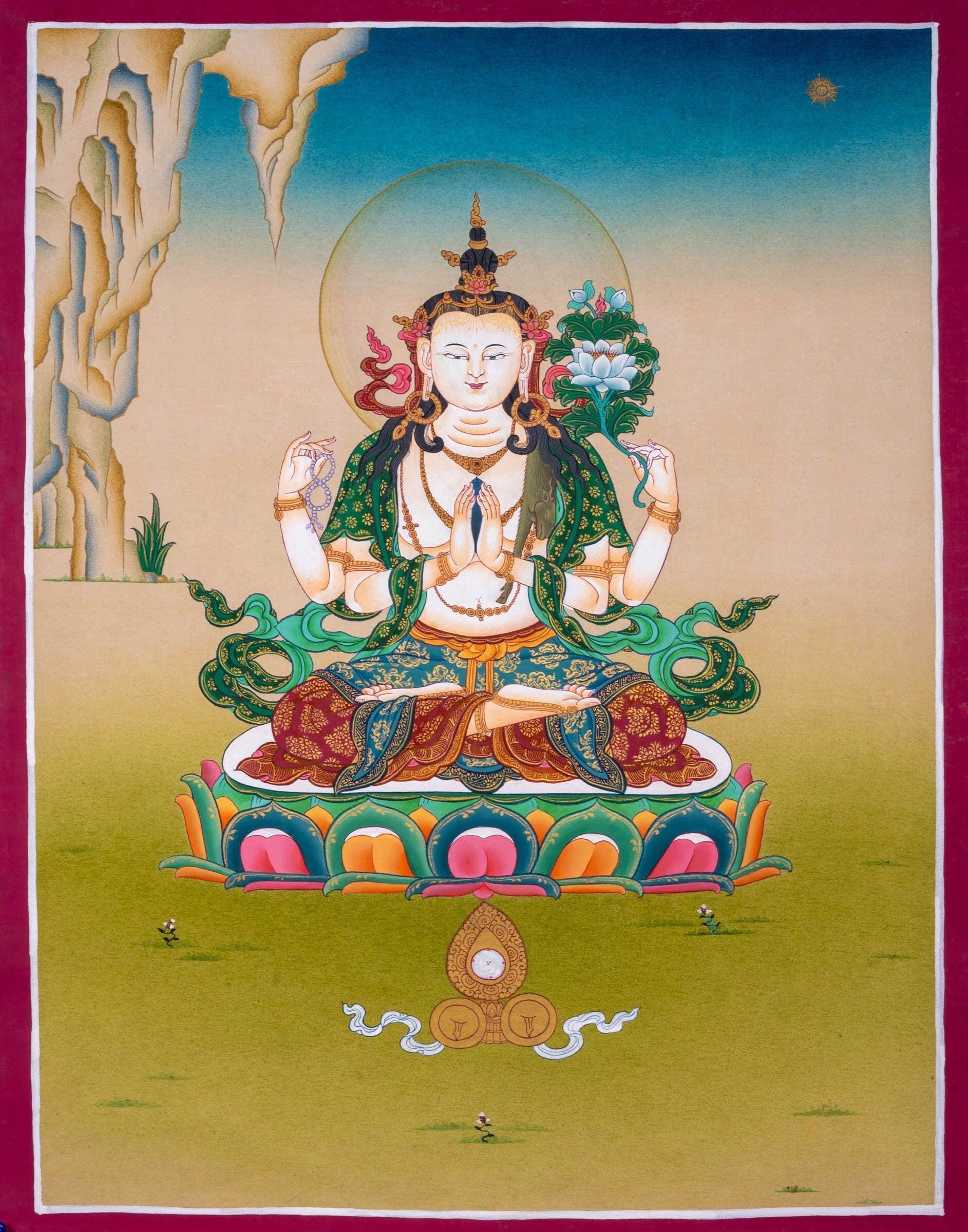 Tibetan Thangka Art of Chengresi  | Sacred Buddhist Art for meditation practice | Thangka Painting for Room Decor and Chakra Healing