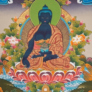 Medicijnboeddha thangka | Handgeschilderde Tibetaanse Thangka van Bhaisajyaguru | Spiritueel wanddecor voor gezondheid en welzijn uit Nepal