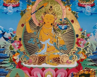 Tibetan Manjushri Painting | Spiritual Altar Decor For Wisdom, Dharma And Mindfulness