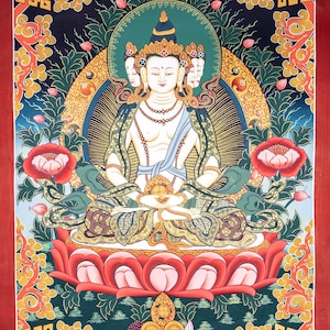 Western Pure Land of White Amitayus Buddha on cotton canvas  - Tibetan Thangka Hand Painting art from Nepal | Amitabha Pure land art