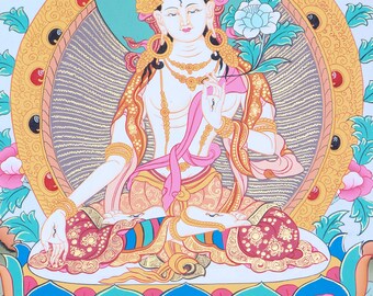 ホワイトターラタンカ｜手描きチベット美術｜壁掛け装飾品 セール