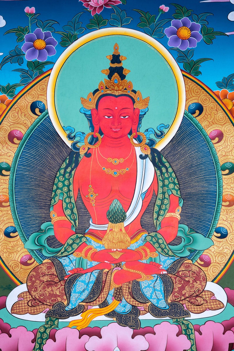 Amitayus Buddha Thangka Painting - Tibetan Handpainted Art