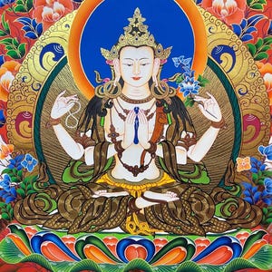 Chengresi Thangka | Hand-Painted Tibetan Buddhist Art of Compassionate Deity | Spiritual Wall Decor for Meditation and Healing
