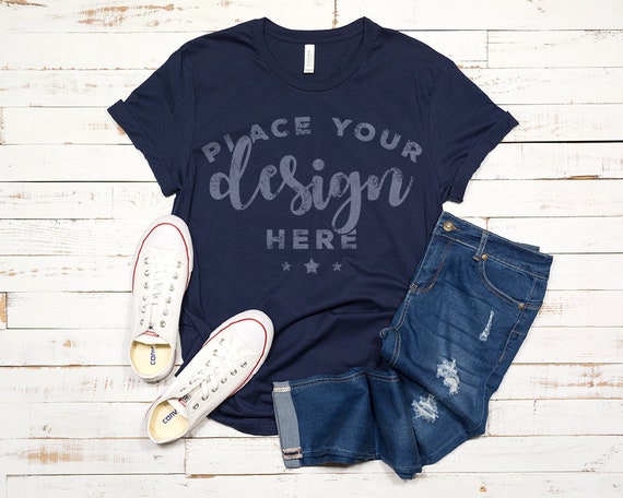 Blue Bella Canvas 3001 T-Shirt Mockup With White Shoes