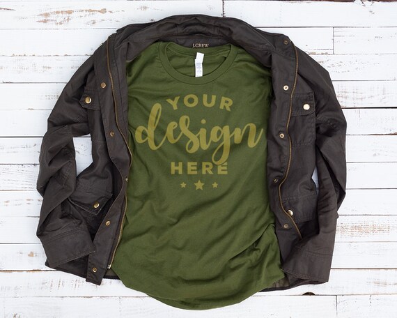 Olive Green Bella Canvas 3001 T-Shirt Mockup With Jacket