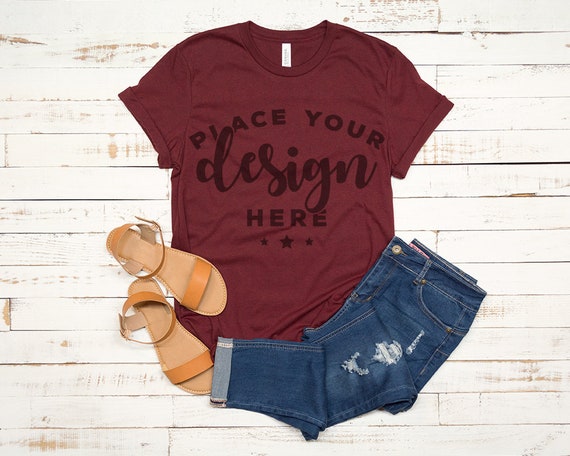 Bella Canvas 3001 T-Shirt Mockup Heather Cardinal With Sandals