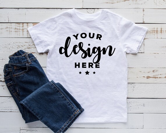 Kids Shirt Mockup White T-Shirt Mock Jeans Template Mockup