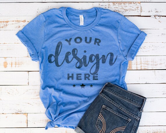 Blue Heather Colum Bella Canvas 3001 T-Shirt Mockup Flat