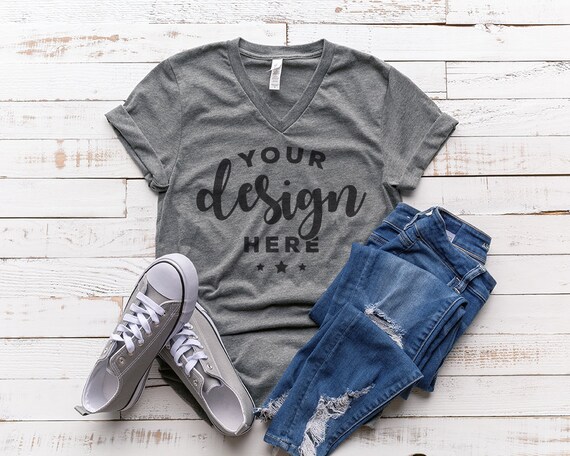 Bella Canvas Vneck Mockup Gray T-Shirt Mockup On White Bella Canvas Vneck Mockup Gray T-Shirt Mockup On White