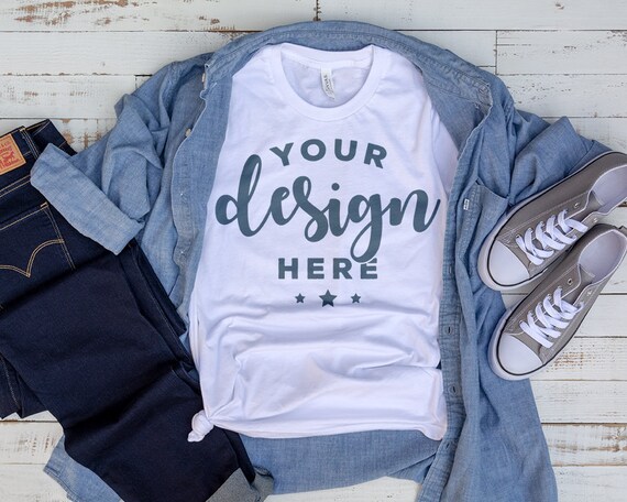 Download Bella Canvas 3001 T-Shirt Mockup With Jeans And Button - ALL FREE MOCKUPS