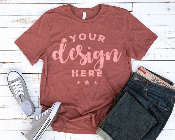 Heather Clay Bella Canvas 3001 T-Shirt Mockup On Distressed Heather Clay Bella Canvas 3001 T-Shirt Mockup On Distressed