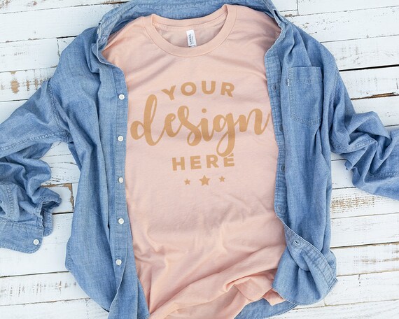 Bella Canvas 3001 T-Shirt Mockup Peach With Denim Shirt