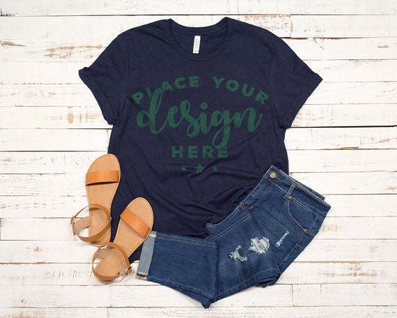 Bella Canvas 3001 T-Shirt Mockup Navy With Sandals And