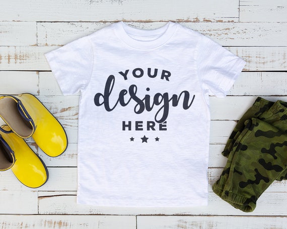 Download Free White Kids T-Shirt Mockup With Rain Boots And Camo ...