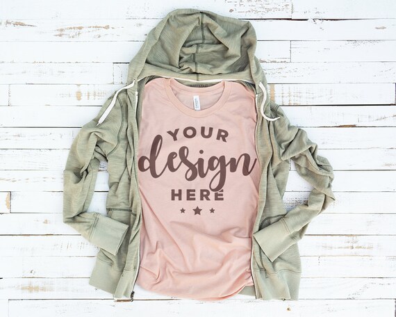 Bella Canvas 3001 T-Shirt Mockup Peach With Olive Hoodie