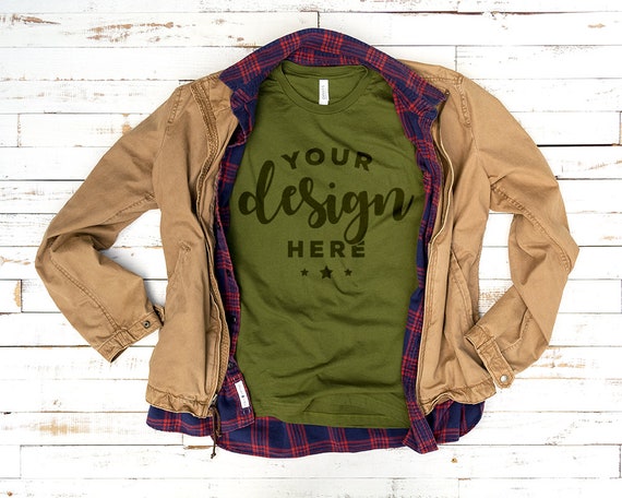 Olive Green Bella Canvas 3001 T-Shirt Mockup With Plaid Olive Green Bella Canvas 3001 T-Shirt Mockup With Plaid