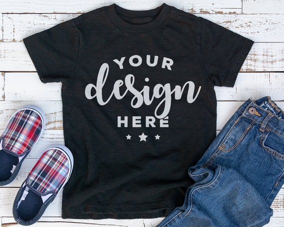 Black Kids T-Shirt Mockup With Shoes And Jeans On Black Kids T-Shirt Mockup With Shoes And Jeans On