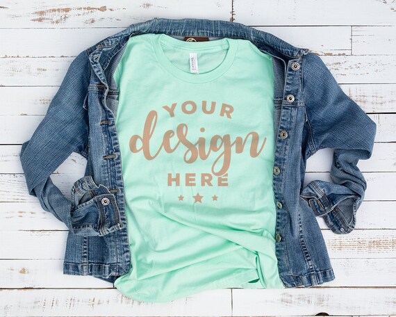 Bella Canvas 3001 T-Shirt Mockup Mint Green With Denim