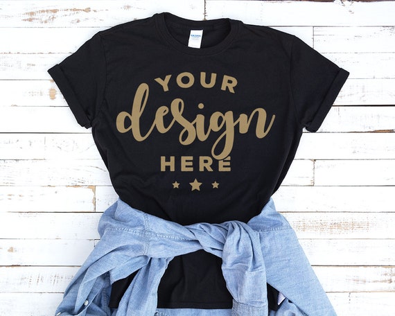 Download Black T-Shirt Mockup With Blue Denim Shirt On Distressed ...