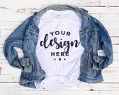 White Tshirt Mockup With Vintage Denim Jacket On Distressed Wood Background Hi Resolution 300 ppi Jpeg Image Print On Demand