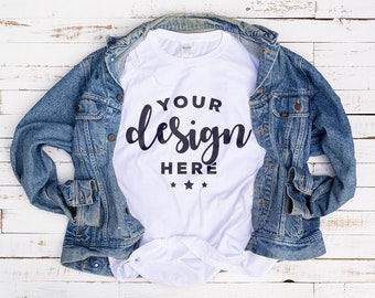 Download Free White Tshirt Mockup With Vintage Denim Jacket On Distressed Wood Background Hi Resolution 300 Ppi Jpeg Image Print On Demand Free Logo 3d Mockups PSD Mockup Template