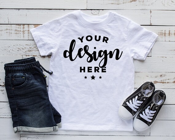 Kids Shirt Mockup White T-Shirt Mock Shorts And Shoes Kids Shirt Mockup White T-Shirt Mock Shorts And Shoes