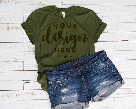 Olive Bella Canvas 3001 T-Shirt Mockup On Distressed Wood