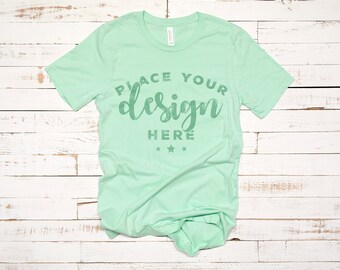 Download Free Bella Canvas 3001 Mockup Mint On Distressed Wood White Background Hi Resolution Jpg Image 300 Ppi Popular Print On Demand Shirt PSD Template