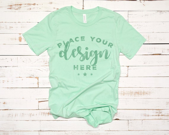 Bella Canvas 3001 Mockup Mint On Distressed Wood White