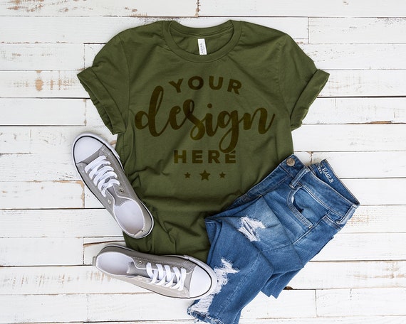 Olive Green Bella Canvas 3001 T-Shirt Mockup On Distressed