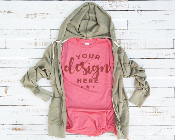 Heather Coral T-Shirt Mockup With Olive Hoodie On Distressed