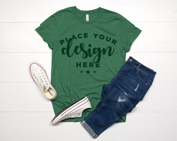 Bella Canvas 3001 T-Shirt Mockup Heather Grass Geen On Bella Canvas 3001 T-Shirt Mockup Heather Grass Geen On