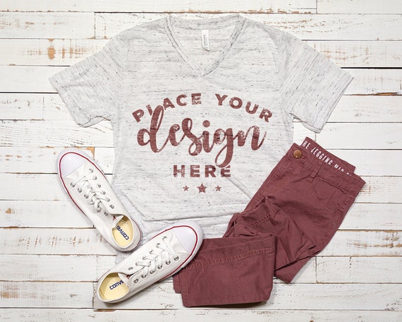 Bella Canvas Vneck Mockup White Marble On Distressed Wood