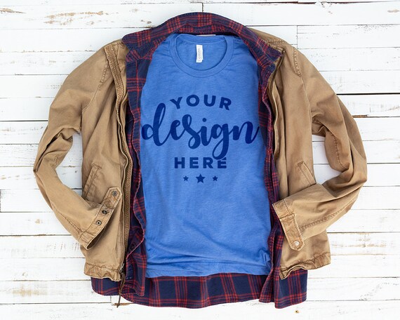 Blue Colum Bella Canvas 3001 T-Shirt Mockup With Plaid