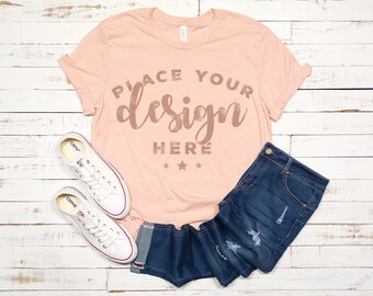 Download Free Bella Canvas 3001 Tshirt Mockup Peach With Shoes And Jeans Hi Resolution 300 Ppi Jpeg Image Distressed Wood Shirt Unisex Flat Lay Mockup PSD Template