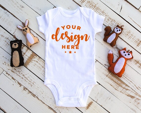 White Bodysuit Mockup With Felt Woodland Animals On Distressed