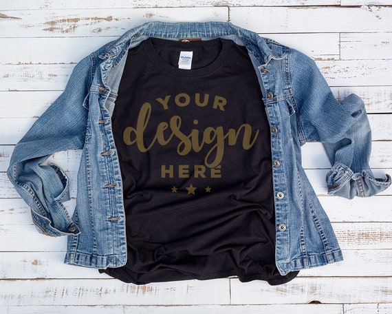 Download Black T-Shirt Mockup With Denim Jacket On Distressed Wood ...