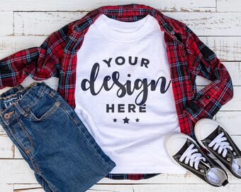 White Kids Tshirt Mockup With Red Plaid Shirt And Jeans On Distressed Wood Flat Lay Image Hi Resolution 300 ppi Jpeg Image
