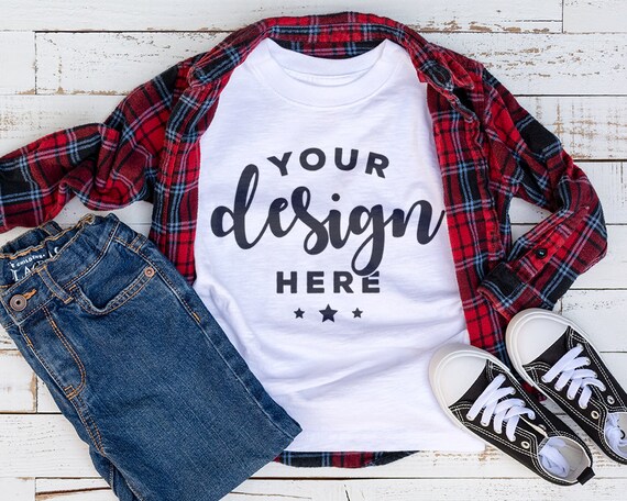 White Kids T-Shirt Mockup With Red Plaid Shirt And White Kids T-Shirt Mockup With Red Plaid Shirt And