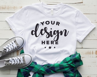 Download Free Bella Canvas 3001 Tshirt Mockup Flat Lay Template With Plaid Waist PSD Mockup Template