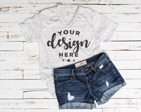 T-Shirt Mockup White Marble Bella Canvas Vneck Template On